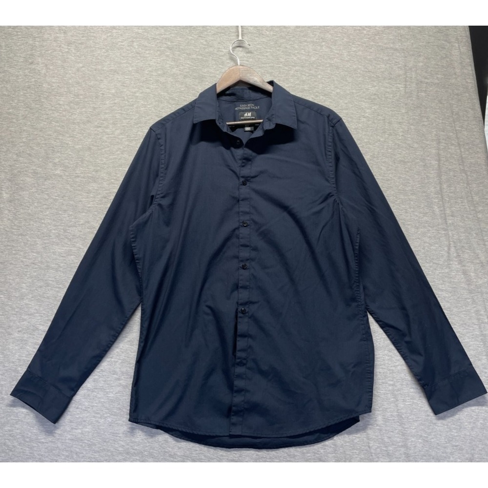 H&M Easy Iron Long Sleeve Shirt Mens Large Navy Blue Slim Fit Collared Button Up